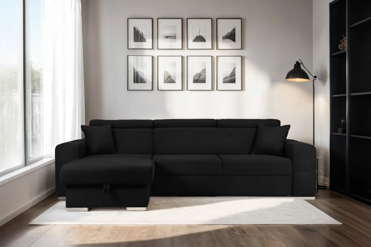 Coltar Extensibil BELLAGIO, sezlong interschimbabil, cu lada de depozitare, cu tetiere, 275x170x85 cm - Prestigehome.ro - Coltare - Prestige - #color_negru-enjoy