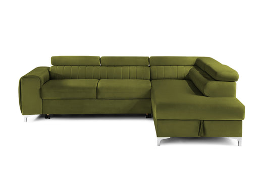 Colțar Extensibil TIME, cu lada depozitare, tetiere reglabile, 285x220x95 cm, #color_Verde-Olive-Velluto