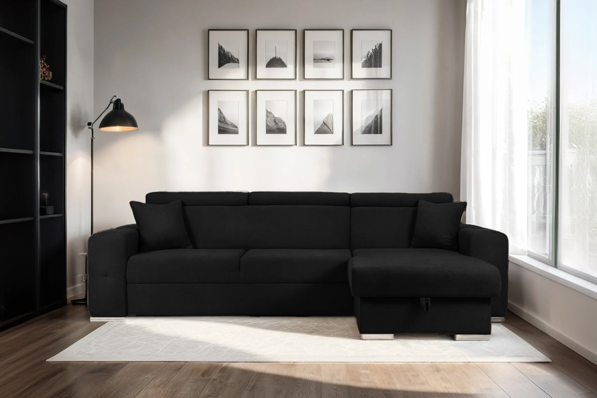 Coltar Extensibil BELLAGIO, sezlong interschimbabil, cu lada de depozitare, cu tetiere, 275x170x85 cm - Prestigehome.ro - Coltare - Prestige - #color_negru-enjoy