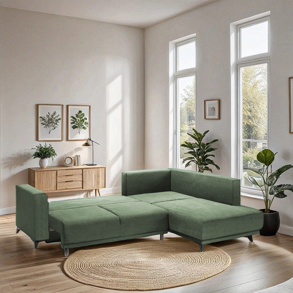 Colțar Extensibil NOMAD, cu ladă de depozitare, variante stânga/dreapta 280x215x90 cm, Prestigehome.ro, #color_Verde-Zoom