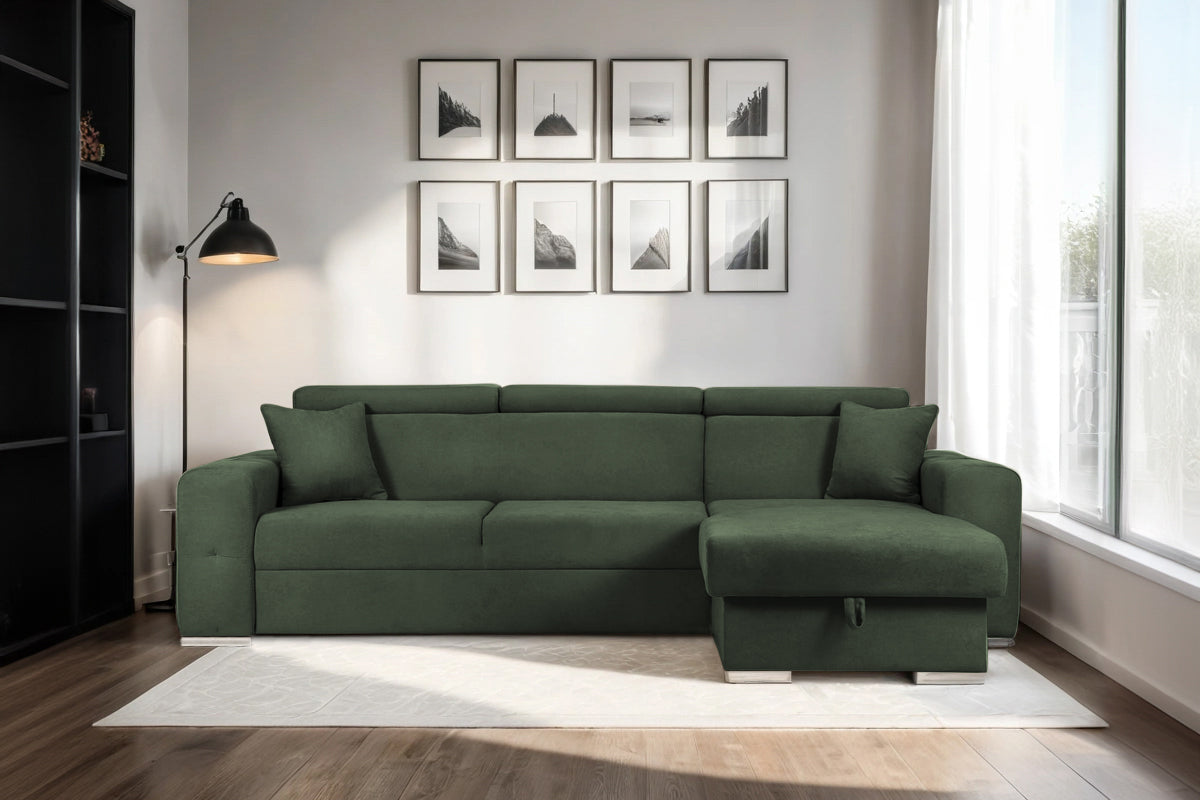 Coltar Extensibil BELLAGIO, sezlong interschimbabil, cu lada de depozitare, cu tetiere, 275x170x85 cm - Prestigehome.ro - Coltare - Prestige - #color_Verde-Enjoy