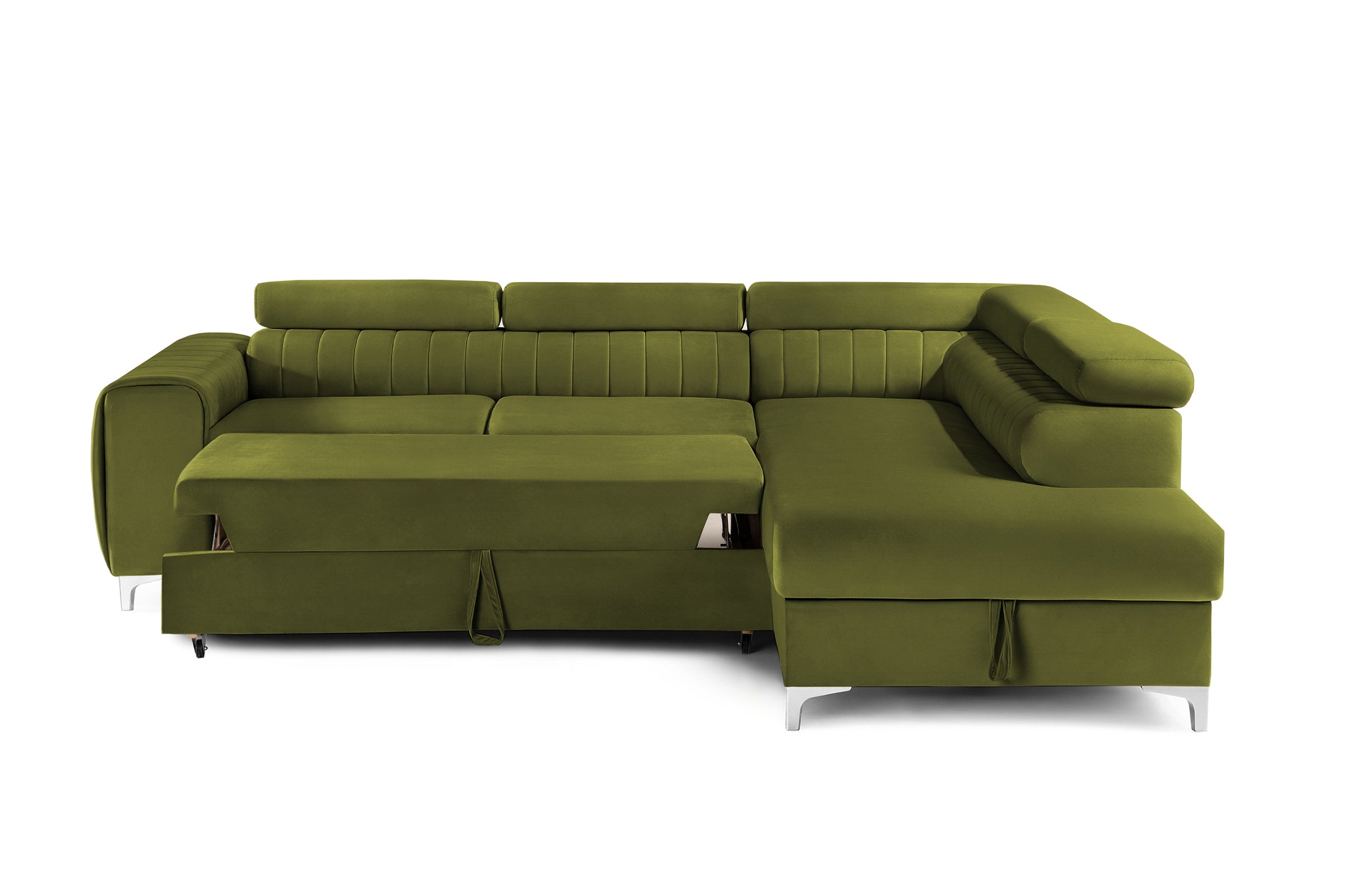 Colțar Extensibil TIME, cu lada depozitare, tetiere reglabile, 285x220x95 cm, #color_Verde-Olive-Velluto