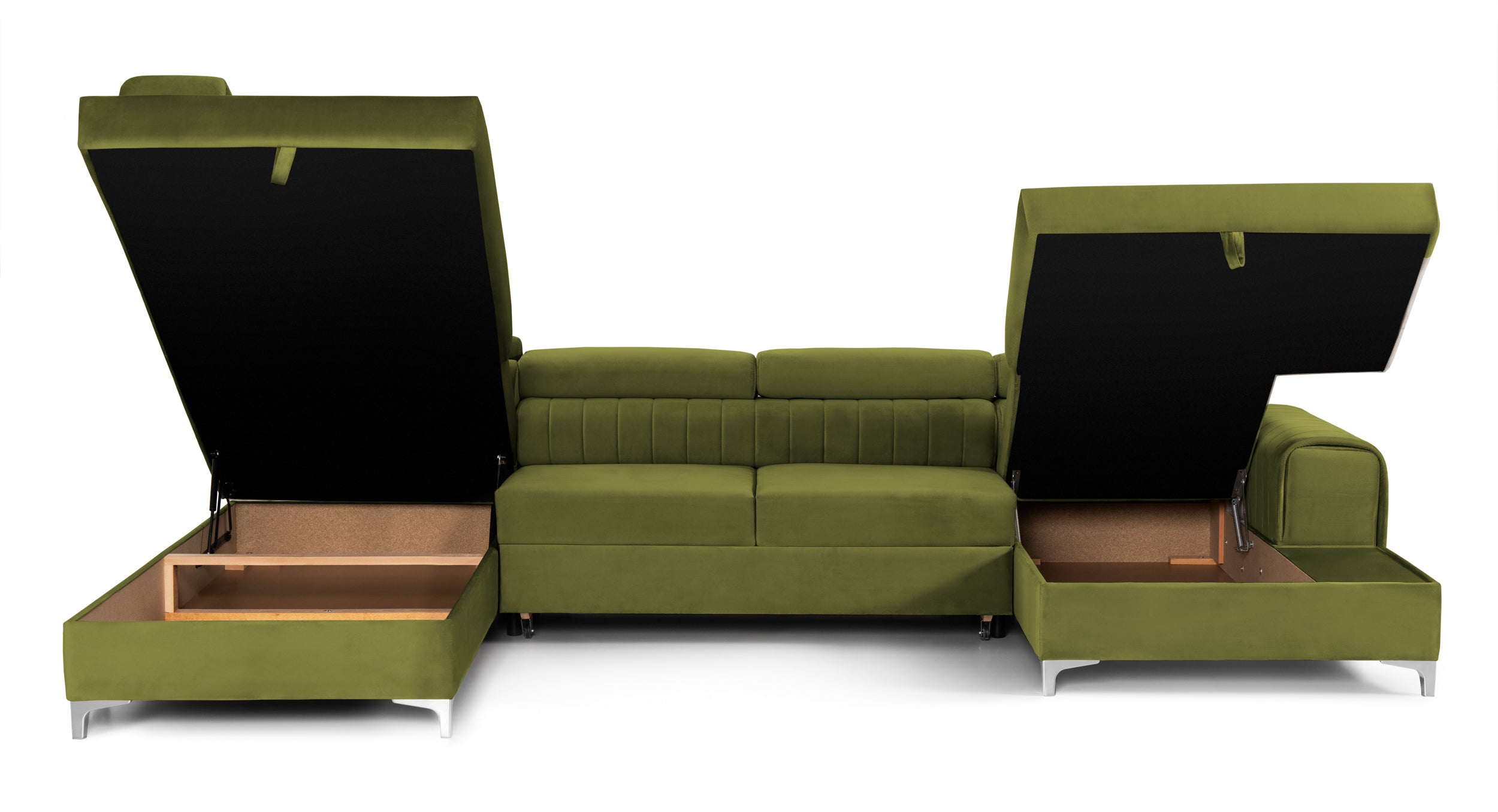 Colțar Extensibil, în formă de U, TIME, cu 2 lăzi de depozitare, cu tetiere reglabile, 360x220x95 cm #color_Verde-Olive-Velluto