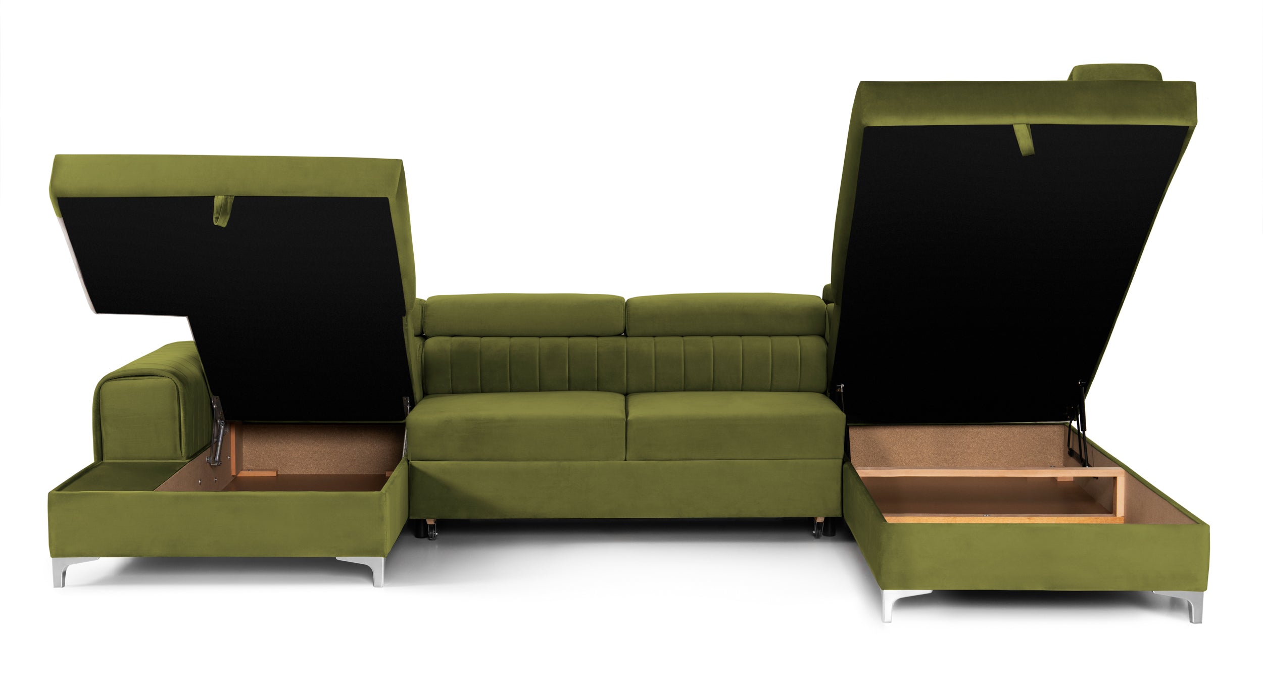 Colțar Extensibil, în formă de U, TIME, cu 2 lăzi de depozitare, cu tetiere reglabile, 360x220x95 cm #color_Verde-Olive-Velluto