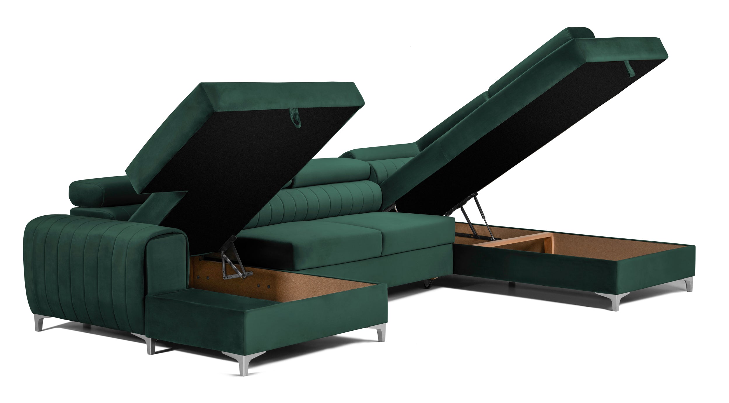 Colțar Extensibil, în formă de U, TIME, cu 2 lăzi de depozitare, cu tetiere reglabile, 360x220x95 cm #color_Verde-Padure-Velluto