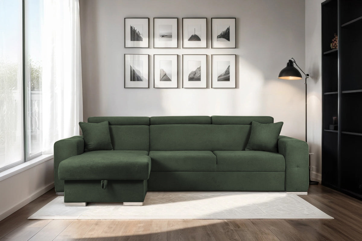 Coltar Extensibil BELLAGIO, sezlong interschimbabil, cu lada de depozitare, cu tetiere, 275x170x85 cm - Prestigehome.ro - Coltare - Prestige - #color_Verde-Enjoy