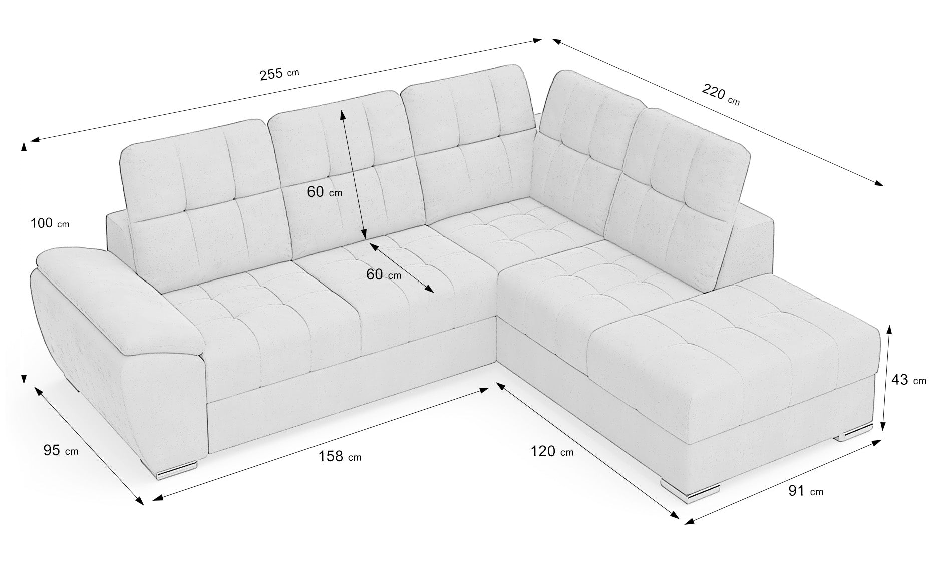 Colțar Extensibil ENZO, cu tetiere, variante stânga/dreapta, 255x220x100 cm  - Prestige Home  