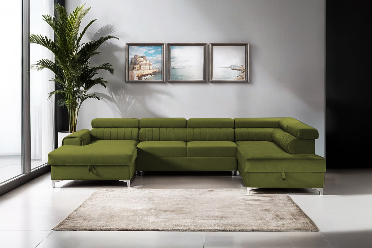 Colțar Extensibil, în formă de U, TIME, cu 2 lăzi de depozitare, cu tetiere reglabile, 360x220x95 cm #color_Verde-Olive-Velluto