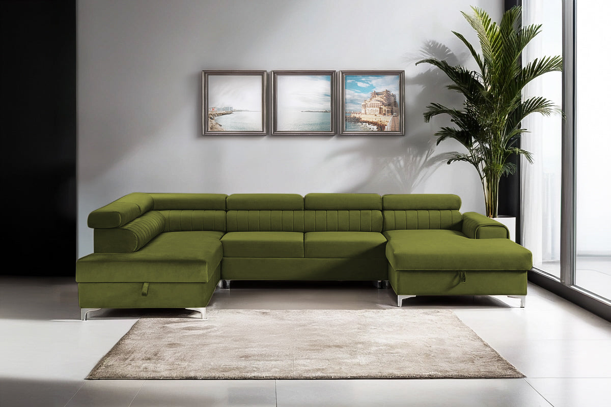 Colțar Extensibil, în formă de U, TIME, cu 2 lăzi de depozitare, cu tetiere reglabile, 360x220x95 cm #color_Verde-Olive-Velluto