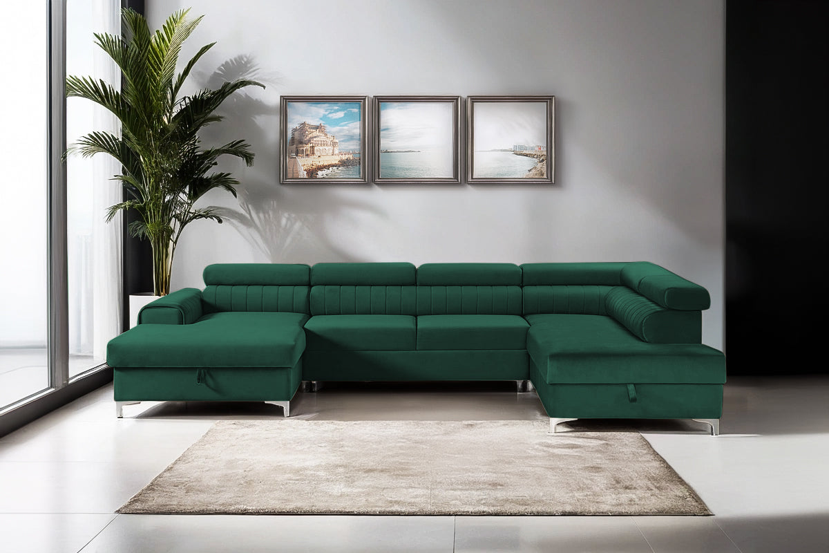 Colțar Extensibil, în formă de U, TIME, cu 2 lăzi de depozitare, cu tetiere reglabile, 360x220x95 cm #color_Verde-Padure-Velluto